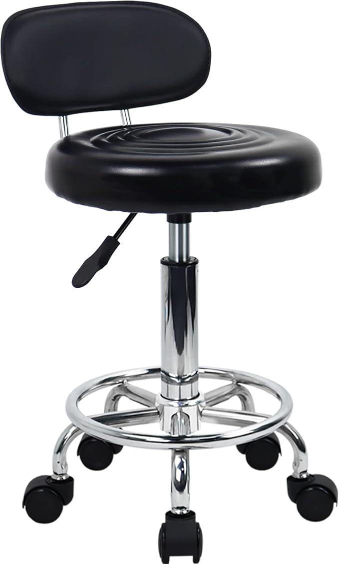 KKTONER PU Leather Modern Rolling Stool with Low Back Height Adjustable Work Salon Drafting Swivel Task Chair with Footrest (Black)