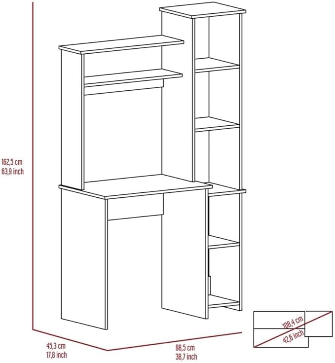 Pemberly Row Contemporary 2-Piece Engineered Wood Office Set, Light Gray Finish, Includes Aramis Desk with Hutch and Side Shelves, Dozza Bookcase with Cabinet and Display Tiers, Compact Home Office