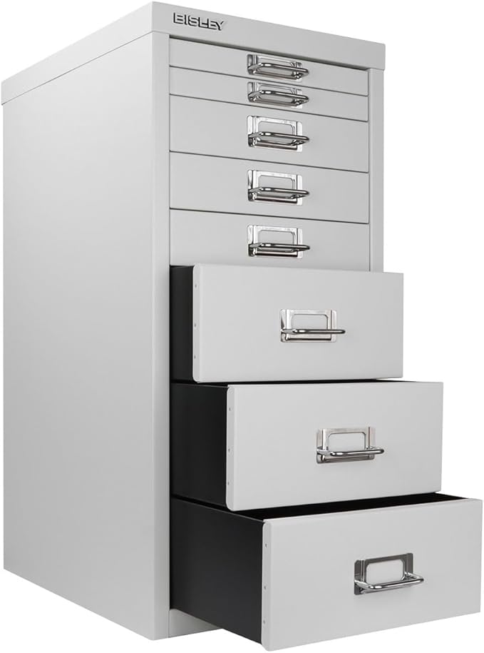 Bisley 8-Drawer Steel MultiDrawer Cabinet - Light Grey, Chrome Pull Handles with Label Holders, Powder-Coated Steel, Removable Drawers, Fits Under Most Desks, Labels Included
