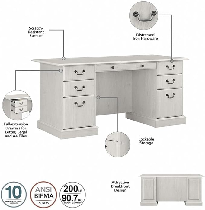 Pemberly Row Executive Desk & Bookcase Set, Linen White Oak Finish, Engineered Wood, 66W Desk with Drawers, 2 Tall 5-Shelf Bookcases, Traditional Office Furniture for Home or Workspace