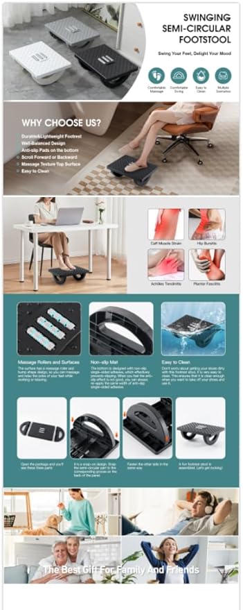 Foot Rest for Under Desk at Work - Ergonomic Foot Stools for Under Office Desk - Rocking Footrest with Roller Massager - Leg Rest for Chair, Computer Gaming - Promote Leg Circulation