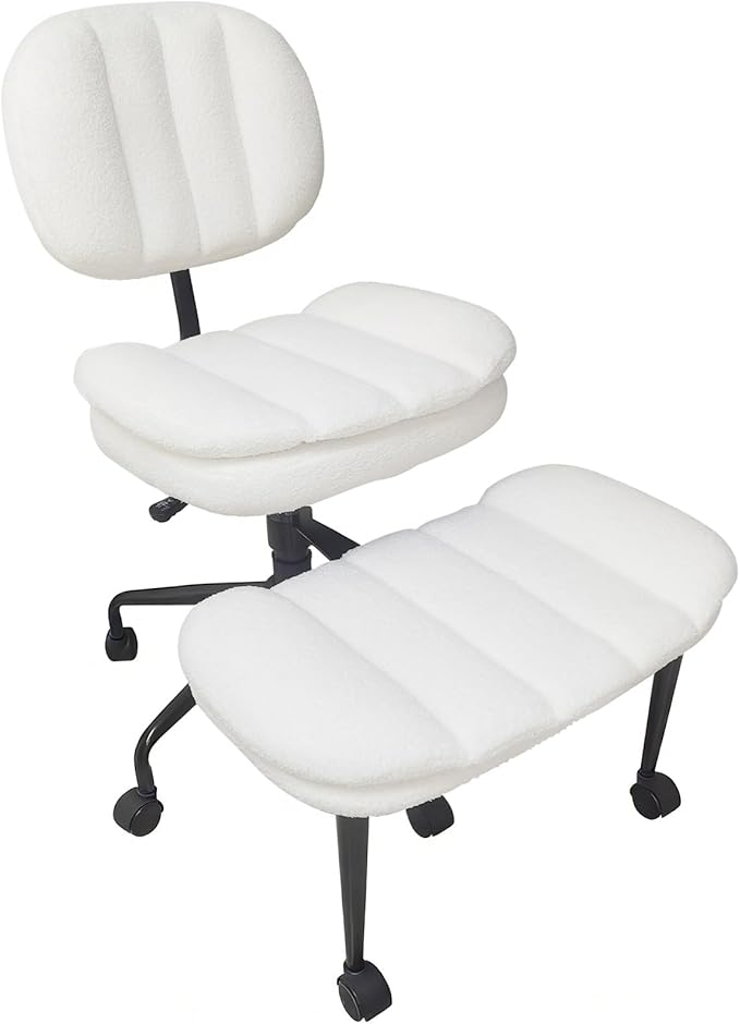 Criss Cross Chair with Footrest, 360° Swivel Faux Shearling Office Chair, Extra Wide Seat with Sofa-Like Comfort, Ergonomic Cross Legged Desk Chair for Cozy Reading, Meditation
