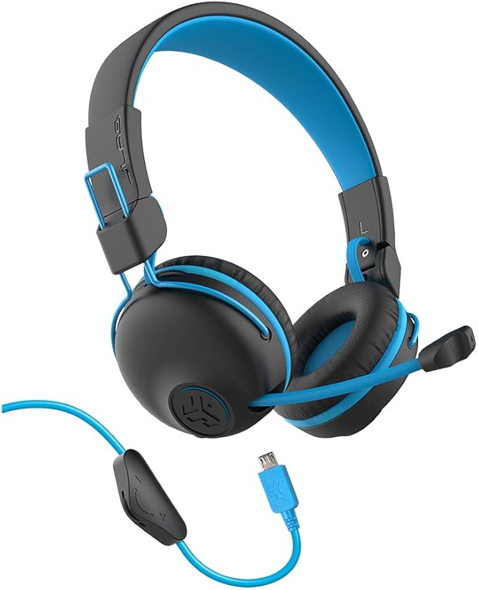 JLab JBuddies Play Gaming Wireless Kids Headset, Blue, 22+ Hour Bluetooth 5 Playtime 60ms Super-Low Latency for Mobile Gameplay, Retractable Boom Mic, AUX Cord Compatible w/Gaming Consoles