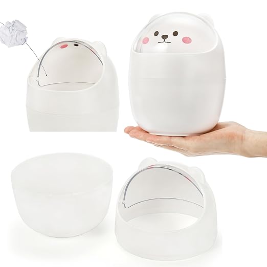 Yesland 2 Pack Desktop Mini Trash Bin with Swing Lid, Cute Bear Plastic Wastebasket Trash Can Countertop Garbage Storage Bucket for Home, Office, Kitchen, Vanity Tabletop, Bedroom, Grey & White