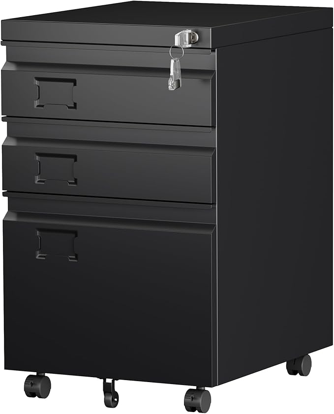 METAN Metal 3 Drawer Mobile File Cabinet with Lock, Under Desk Metal Filing Cabinet for Legal/Letter File, Need Assembley, Black