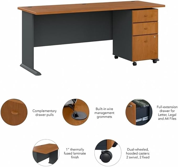 Bush Business Furniture Series A 72W Desk with Mobile File Cabinet in Natural Cherry and Slate