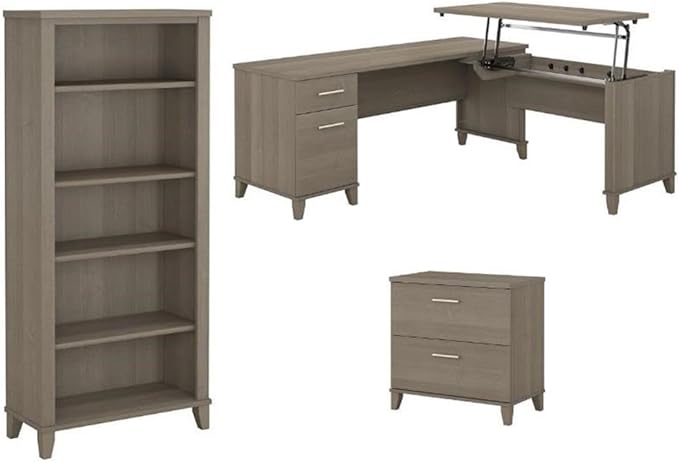 Home Square 3-Piece Set with L Desk File Cabinet & Bookcase in Ash Gray