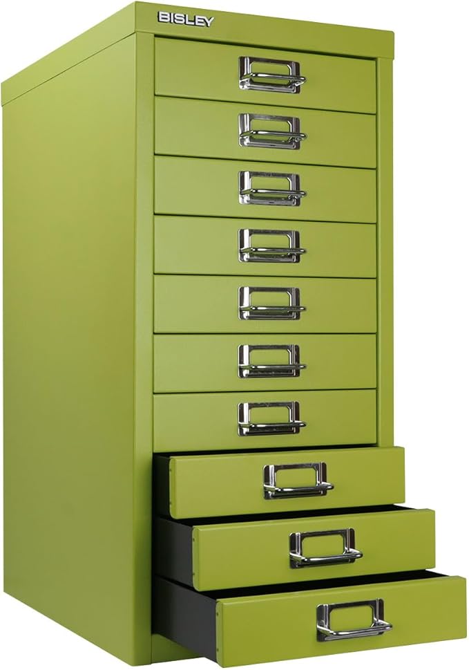 10-Drawer Steel MultiDrawer Cabinet - Bisley Green, Chrome Pull Handles with Label Holders, Powder-Coated Steel, Removable Drawers, Fits Under Most Desks, Labels Included by Bisley