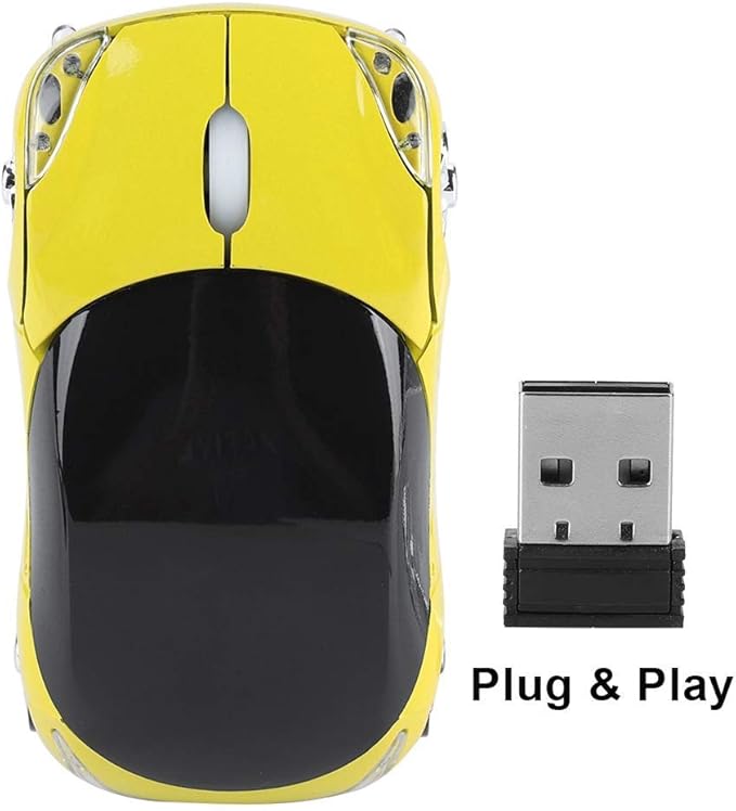 ASHATA 2.4G Wireless Mouse Car Mouse with USB Receiver, Cute 1600DPI Optical Computer for PC Laptop Tablet, Compatible with Wins /7/ME/2000 & for OS - Yellow