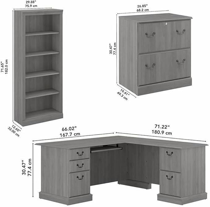 UrbanPro L Shaped Computer Desk Set, Modern Gray Finish, Engineered Wood, Includes File Cabinet, 2 Tall 5 Shelf Bookcases, Scratch-Resistant Surface, Adjustable Shelves, Home Office Furniture