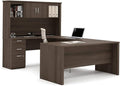 Pemberly Row 66" U-Shaped Desk with Hutch, Bookcase, and File Cabinet, Antigua Finish, Laminated Particle Board, Reversible Office Set for Large Workspace and Storage Solutions