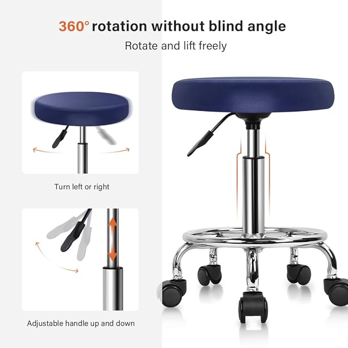 KKTONER PU Leather Round Rolling Stool with Foot Rest Swivel Height Adjustment Spa Drafting Salon Tattoo Work Office Massage Stools Task Chair Cushion 14 inches (Blue)