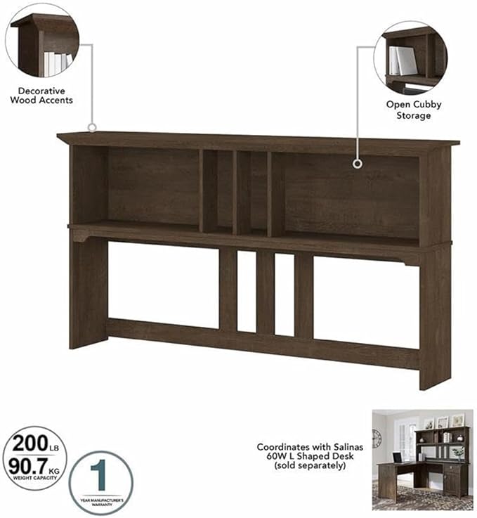 Pemberly Row 60W Hutch for L Shaped Desk, Engineered Wood, Ash Brown Finish, Open Cubby Storage, Decorative Accents, Modern Farmhouse Style, Large Monitor Space, Home Office Organization