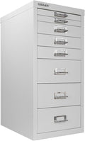 Bisley 8-Drawer Steel MultiDrawer Cabinet - Light Grey, Chrome Pull Handles with Label Holders, Powder-Coated Steel, Removable Drawers, Fits Under Most Desks, Labels Included