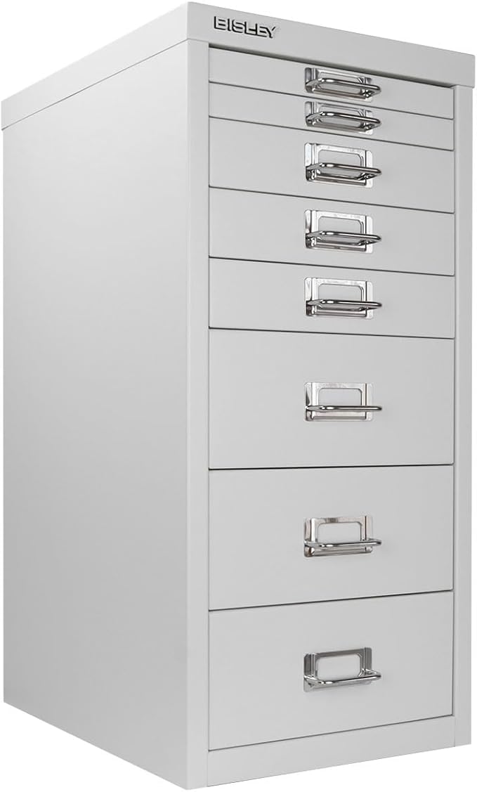 Bisley 8-Drawer Steel MultiDrawer Cabinet - Light Grey, Chrome Pull Handles with Label Holders, Powder-Coated Steel, Removable Drawers, Fits Under Most Desks, Labels Included