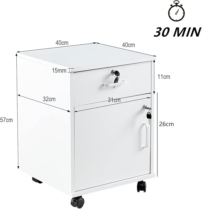 OFCASA Mobile 2 Drawer File Cabinet with Lock, Wooden Under Desk Filing Cabinet with Wheels, Small Rolling Storage Cabinet for Home Office Organizer A4/Letter Size/Legal, White