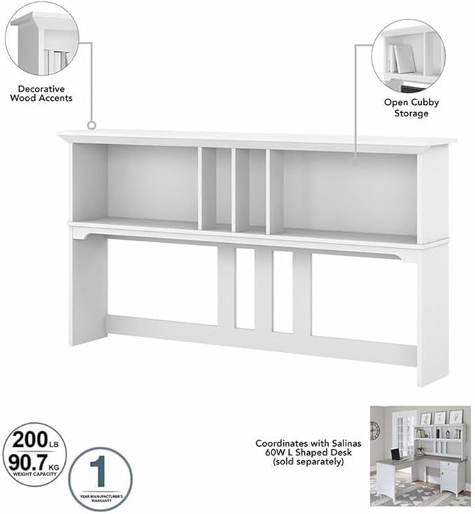 Pemberly Row 60W Hutch for L Shaped Desk, Engineered Wood, White/Shiplap Gray Finish, Open Cubby Storage, Mission Style Office Hutch for Books, Decorations, and Monitors