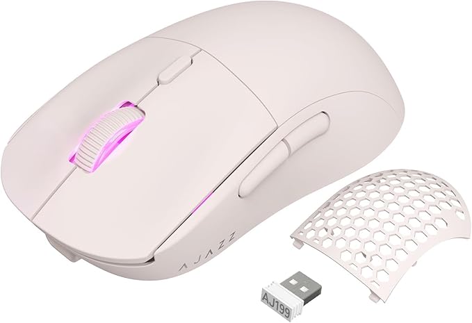 Ajazz Wireless Gaming Mouse,USB-C Rechargeable 59g Ultralight Computer Mouse,High Performance PAW3395,26000DPI,6 Macro Buttons, 40Hrs Power Life,2.4Ghz 1ms,Detachable Magnetic Rear Panel,2in1,Pink