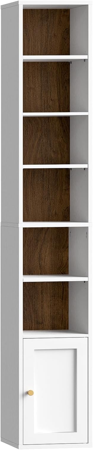 RALGEND 7-Tier Tall Narrow Bookshelf with Door Set of 2, 70.9 Inches CD DVD Slim Media Tower Rack with Storage Cabinet, Adjustable Shelves, Skinny Bookshelf Display Bookcase, White and Walnut