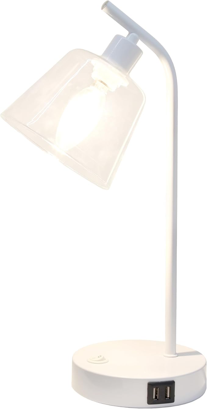 Simple Designs LD1074-WHT 15.75" Sleek Essentials Modern Industrial Metal Desk Lamp with Clear Glass Shade and Dual USB Ports, for Office, Desk, Nightstand, Dorm, White