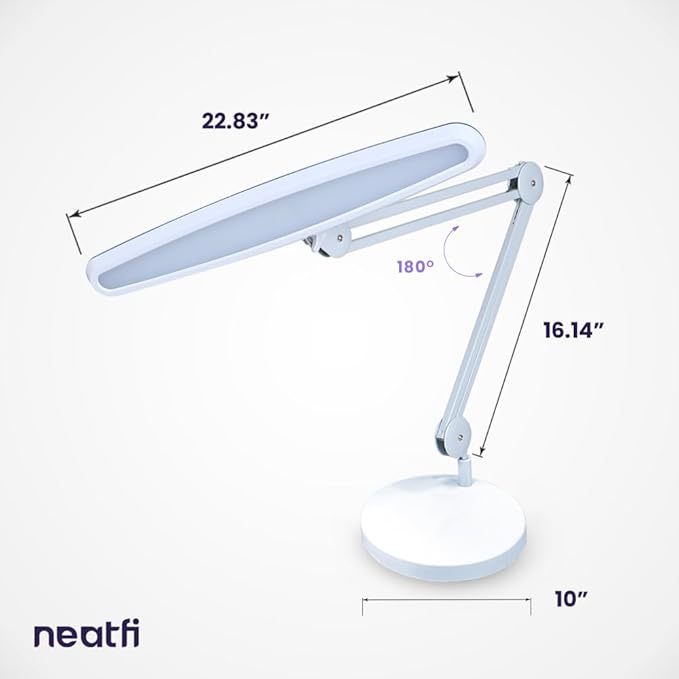 Neatfi XL 2,200 Lumens 24W LED Desk Lamp – 23” Wide Shade | Dimmable Eye-Caring Task Light | Adjustable Arm | Home Office, Study, Crafts & Nail Tech (White, Non-CCT with Clamp)