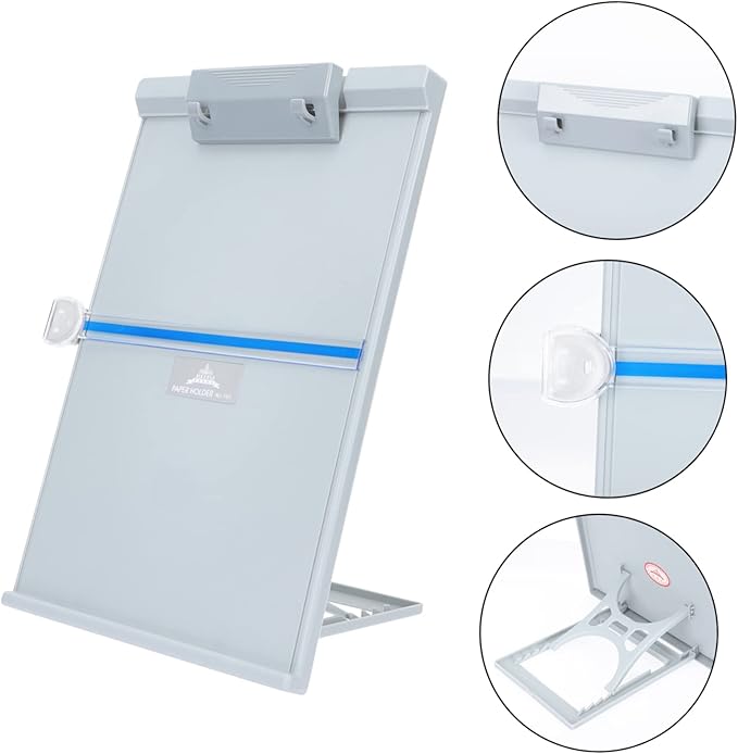 KALLORY Adjustable Document Holder Paper Stand for Desk with Pen Storage Plastic Copyholder for Books Magazines Newspapers and Documents Ergonomic Reading Aid for Office and Library Use