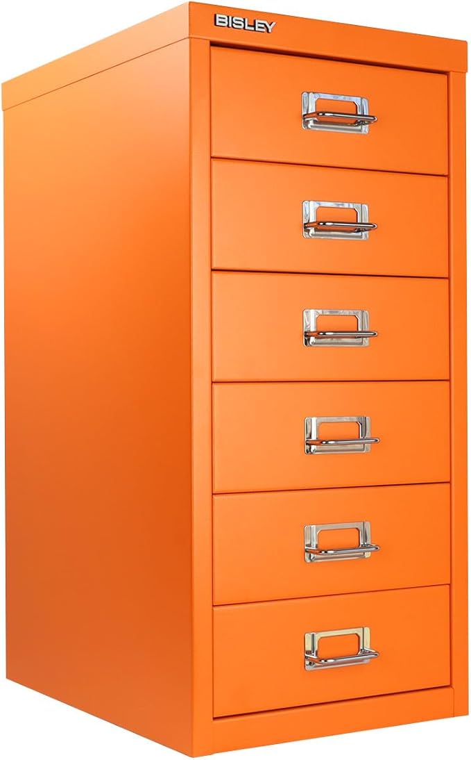 6-Drawer Steel MultiDrawer Cabinet - Bisley Orange, Chrome Pull Handles with Label Holders, Powder-Coated Steel, Removable Drawers, Fits Under Most Desks, Labels Included by Bisley