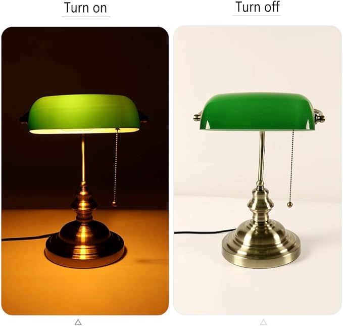 FIRVRE Green Glass Bankers Desk Lamp, Vintage Lamp with Brass Base, Traditional Library Lamp with Pull Chain for Home Office, Study Room (LED Bulb Included)