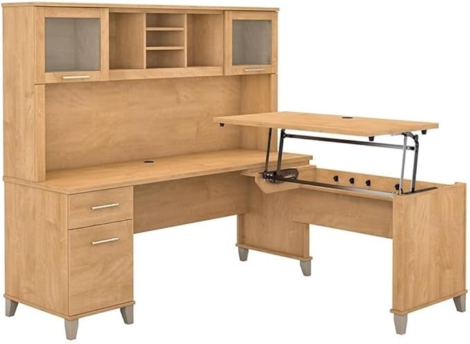Pemberly Row 72W Sit to Stand L Desk with Hutch, Maple Cross Finish, Engineered Wood, Adjustable Height, Frosted Glass Doors, File Drawer, Office Storage, Ergonomic L Shaped Workspace