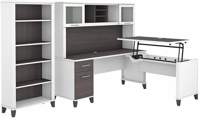 Pemberly Row Sit to Stand L Desk Set, 72W Engineered Wood Desk with Hutch, 5 Shelf Bookcase, White/Gray Finish, Adjustable Height Office Furniture for Ergonomic Workspaces