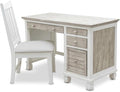 Pemberly Row Coastal Wood Desk & Chair Set, Distressed Gray/White Finish, Solid Mindi Wood, 48" Desk with 4 Drawers, Full-Extension Slides, Hanging File Storage, Home Office Furniture