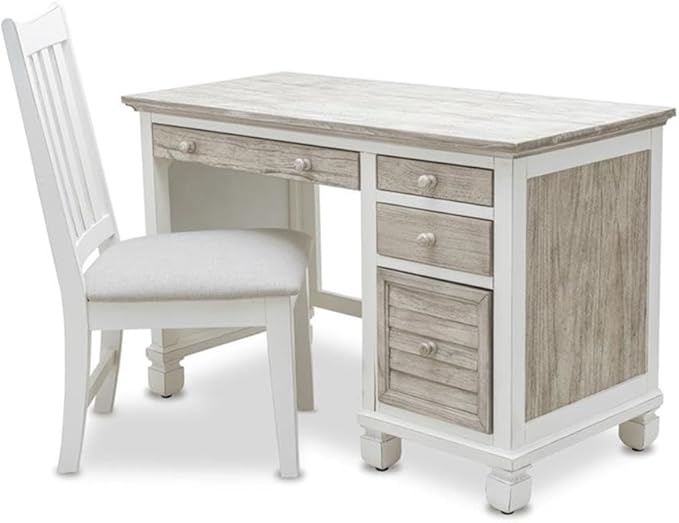 Pemberly Row Coastal Wood Desk & Chair Set, Distressed Gray/White Finish, Solid Mindi Wood, 48" Desk with 4 Drawers, Full-Extension Slides, Hanging File Storage, Home Office Furniture