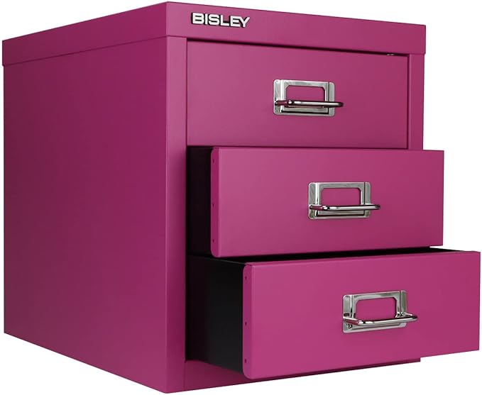 Bisley 3-Drawer Steel MultiDrawer Cabinet - Fuchsia, Chrome Pull Handles with Label Holders, Powder-Coated Steel, Removable Drawers, Desktop Storage, Labels Included