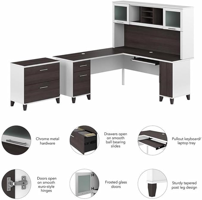 Pemberly Row 72W Engineered Wood L Shaped Desk with Hutch & File Cabinet, Storm Gray/White Finish, Frosted Glass Doors, Keyboard Tray, Legal/Letter File Storage, Ideal for Home Office