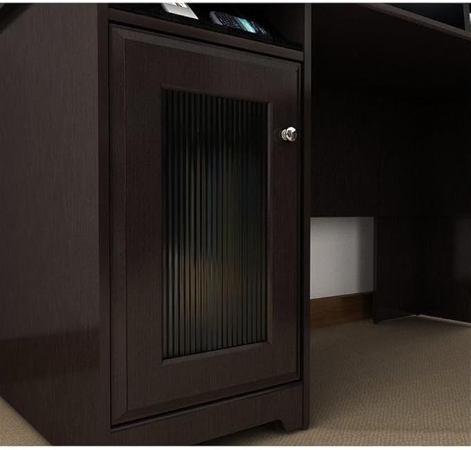 Pemberly Row 3 Piece Office Set, Espresso Oak Finish, Laminate Over Engineered Wood, Includes L Shape Desk with Hutch and File Storage, Built-in USB Hub, Home Office Organization Furniture