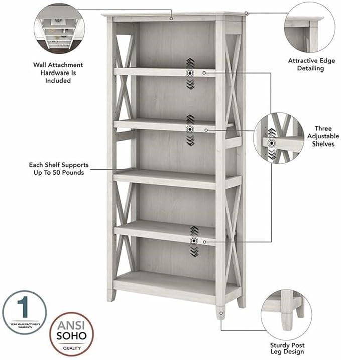 Bush Furniture Key West 54W Computer Desk with 2 Drawer Lateral File Cabinet and 5 Shelf Bookcase in Linen White Oak