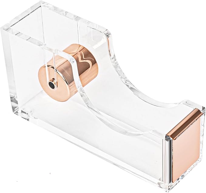 Gold Tape Dispenser, Clear Acrylic Desk Tape dispensers with Serrated Metal Edge, Modern Aesthetic Office & Craft Tape Organizer for Gift Wrapping, 1 Inch Core, Non-Slip Weighted Base