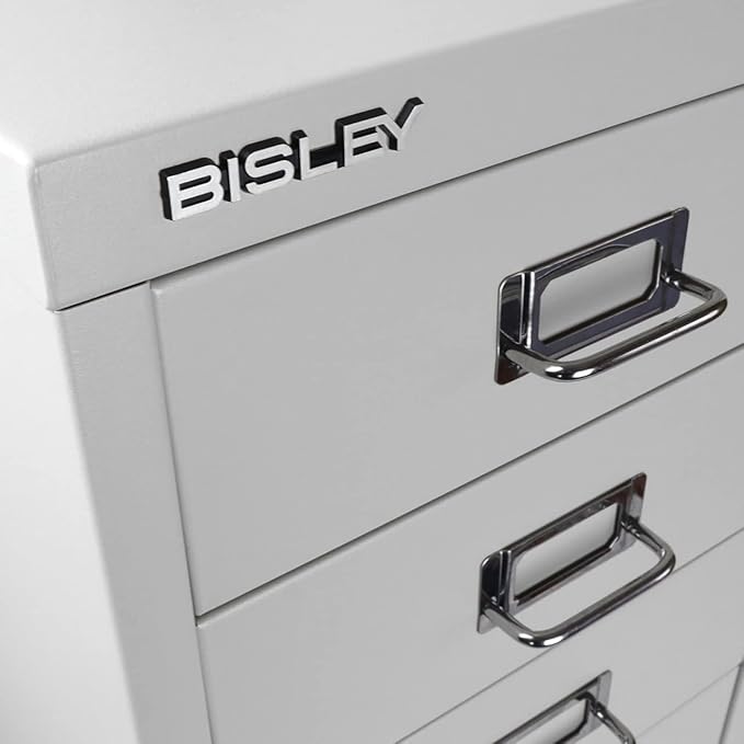 Bisley 6-Drawer Steel MultiDrawer Cabinet - Light Grey, Chrome Pull Handles with Label Holders, Powder-Coated Steel, Removable Drawers, Fits Under Most Desks, Labels Included