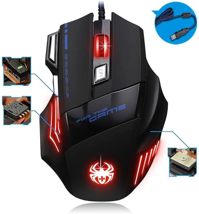 AFUNTA Zelotes Ergonomic 7200 DPI LED Optical Wired Gaming Mouse Mice 7 Buttons Compatible Mac Pro Gamer PC Laptop Desktop Notebook-Black Black(T80)
