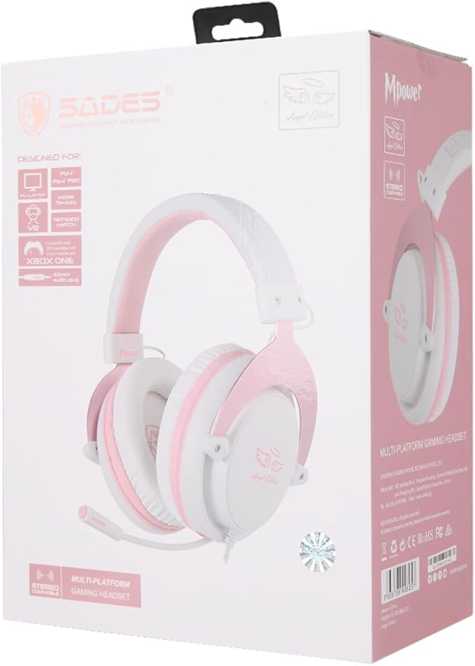 USOTSO MPOWER Stereo Gaming Headset for PS4, PC, Mobile, Noise Cancelling Over Ear Headphones with Retractable Flexible Mic & Soft Memory Earmuffs for Laptop Mac Games-Angel Edition