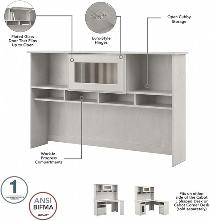 Scranton & Co Cabot L Shaped Desk with Hutch & Bookcase, White Oak Finish, 60W Computer Desk Set with USB Hub, Fluted Glass Doors, Adjustable Bookcase Shelves, Home Office Furniture