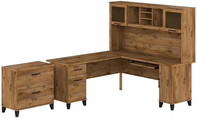 Pemberly Row 72W L Shaped Desk with Hutch and File Cabinet, Engineered Wood, Fresh Walnut Finish, Spacious Home Office Furniture Set with Storage for Files and Supplies