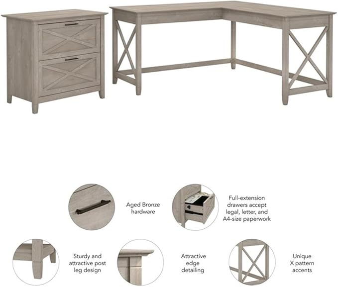 Pemberly Row 60W L Shaped Desk with 2 Drawer File Cabinet, Washed Gray Finish, Durable Office Desk Set with X Pattern Accents, Spacious Work Surface, Home Office or Living Room Furniture
