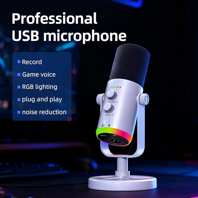 USB/XLR Desktop Dynamic Microphone with RGB Lighting, Noise Reduction, Mute Button & Headphone Jack - Podcast, Gaming, Streaming Mic for PC & Computer (White)