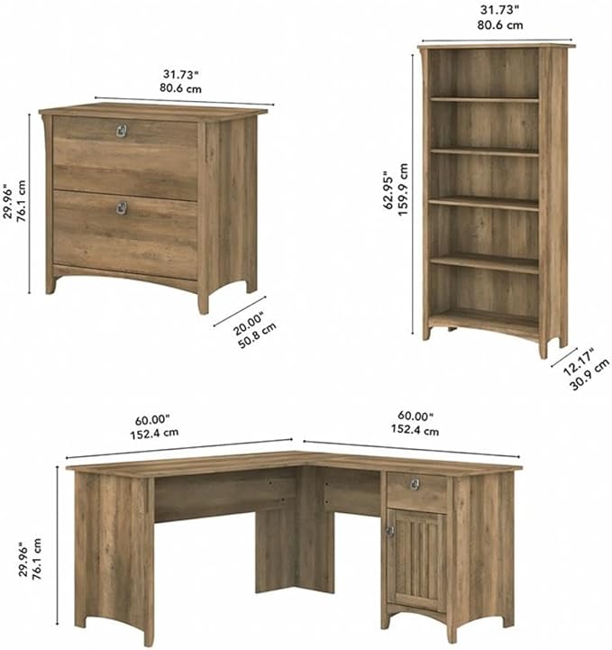 Pemberly Row L Shaped Desk with File Cabinet & Bookcase, Reclaimed Pine Finish, Engineered Wood Office Set, Distressed Style, 60W Desk with Storage, 5 Shelf Bookcase, Home Office Furniture