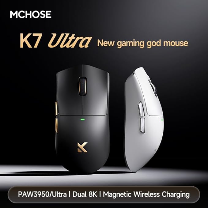 Hyekit MCHOUSE K7 Ultra Wireless Esports Gaming Mouse with Magnetic Charging Dock, PAW3950 Optical Sensor, Dual 8K Polling, 42K DPI, 59g Lightweight, 5 Programmable Buttons, 130 Hr Battery (White)