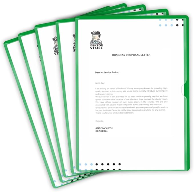Doctor Stuff - 25 Pack L-Type Vinyl Plastic File Folders Letter Size, Green Pocket Project Folders Clear Front, Documents Holder for Home, High School, Office and Medical Files