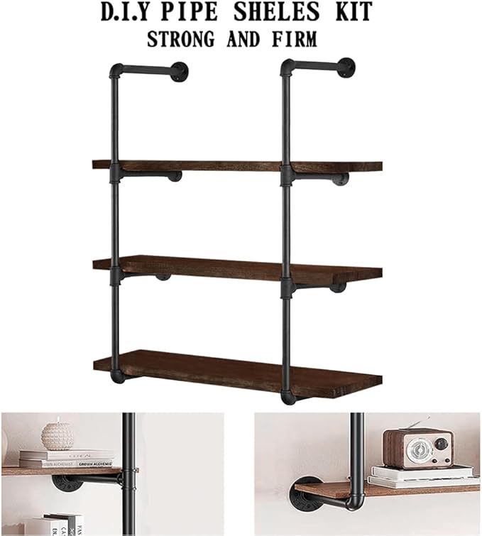 HITOMEN Industrial Iron Pipe Shelves, 2 Set 4-Tier 41.5" Tall 12" Depth, DIY Open Bookshelf Bookcase, Wall Mounted Vintage Retro Shelving, Rustic Farmhouse Pantry Kitchen Storage, Black Shelf Brackets