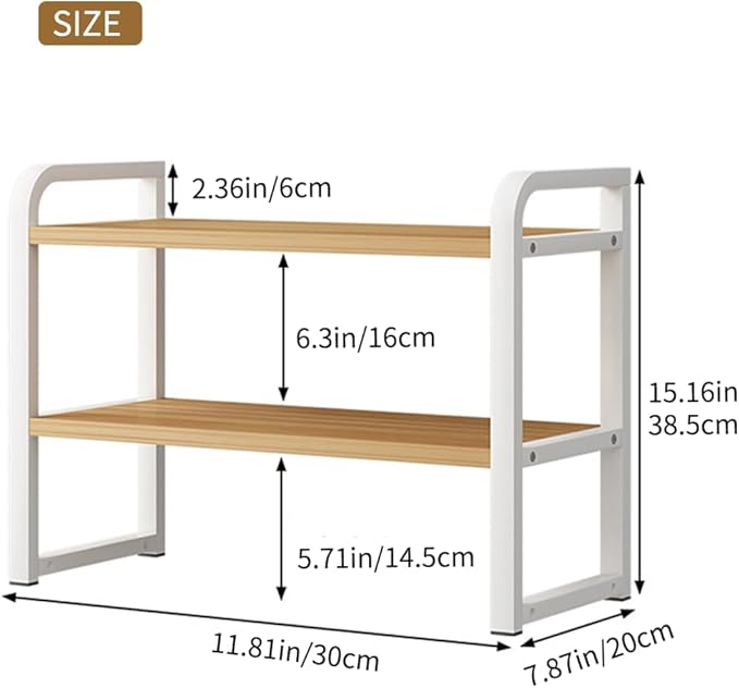 Office Desk Shelf Organizer, Wood Desktop Bookshelf Supplies Storage Rack, Shelf for Top of Desk and Dresser and Cubicle Decor Aesthetic Bookshelf (White White-Two Tier)