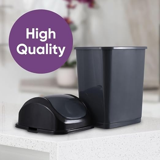 Superio Kitchen Trash Can with Swing Top Lid 9 Gallon Slim Waste Bin 37 Qt Sturdy Plastic Garbage Can Medium Recycling Bin for Office, Bathroom, Under Counter, Dorm, Bedroom (Dark Grey-2 Pack)